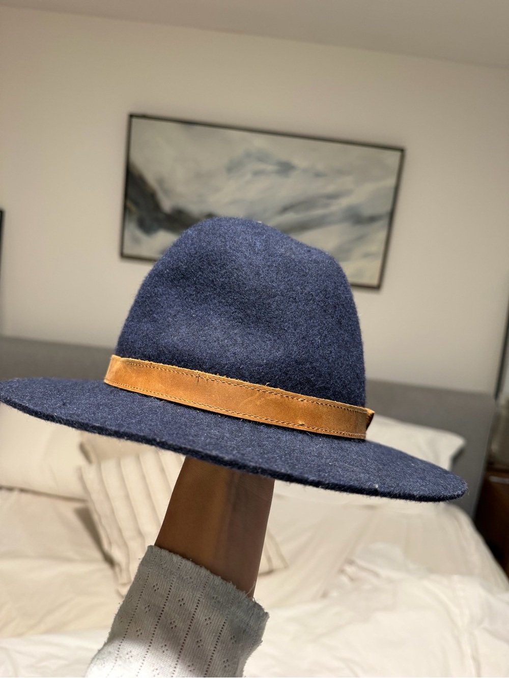 FRYE Navy Wool Fedora with Tan Band